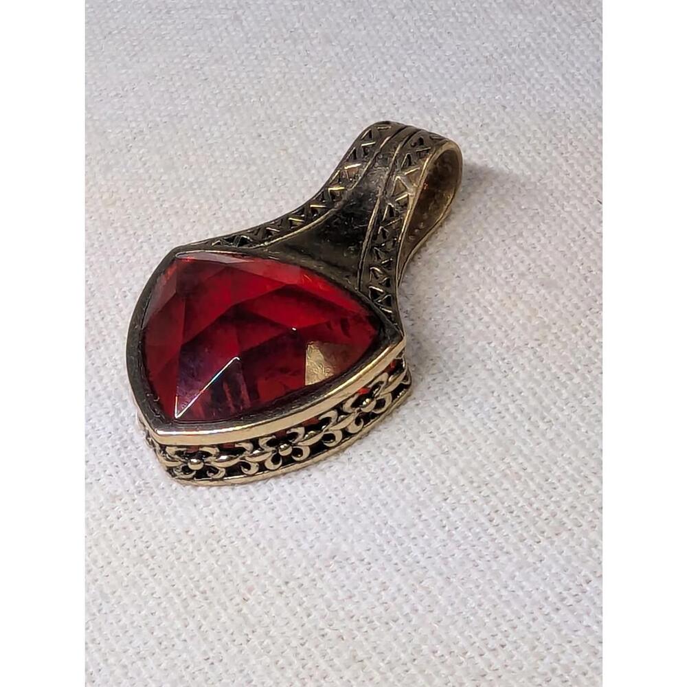 Barse Red Glass Pendant with Intricate Metalwork, Marked "Barse Thailand"